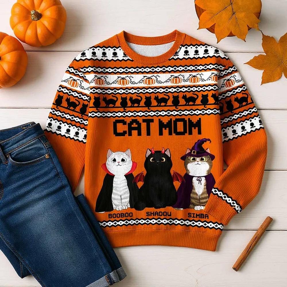 Halloween Fall Vibe Cat Mom Pattern Personalized Faux Knitting Sweater