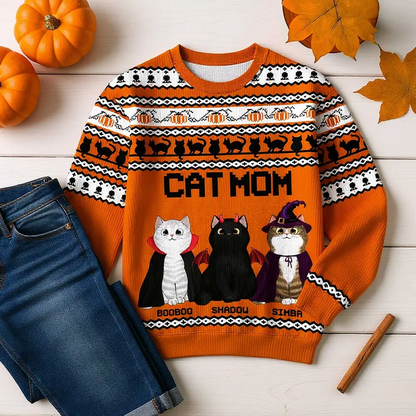 Halloween Fall Vibe Cat Mom Pattern Personalized Faux Knitting Sweater