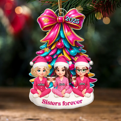 Besties Sitting Under Pink Christmas Tree Personalized Acrylic Ornament, Christmas Gift for Best Friends, Sisters
