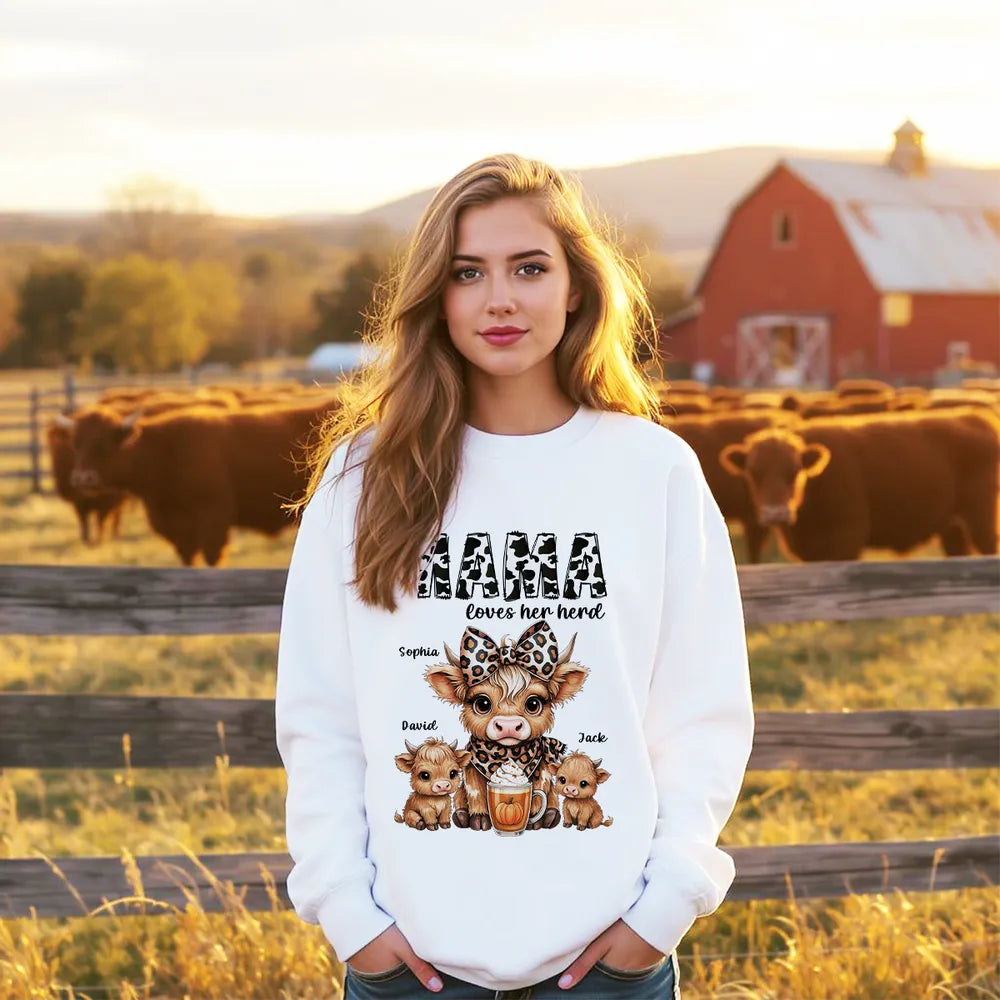 This Mama Grandma Loves Her Herds – Cozy Fall Vibe Personalized Highland Cow Family Sweatshirt