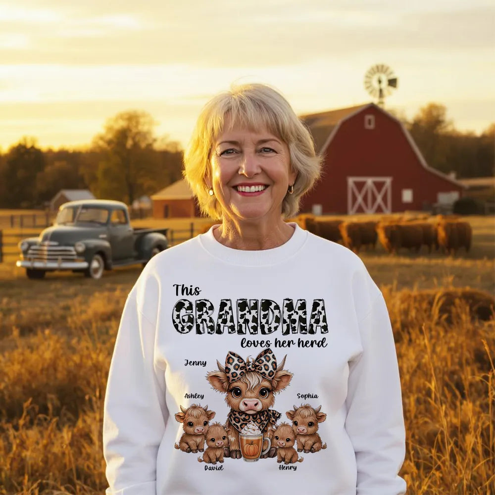 This Mama Grandma Loves Her Herds – Cozy Fall Vibe Personalized Highland Cow Family Sweatshirt
