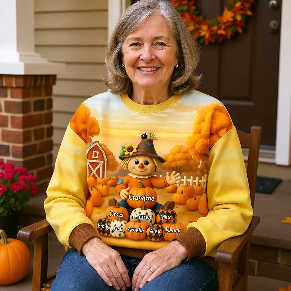 Fall Season Grandma Scarecrow Grandkids Pumpkins 3D Effect Personalized Sweatshirt