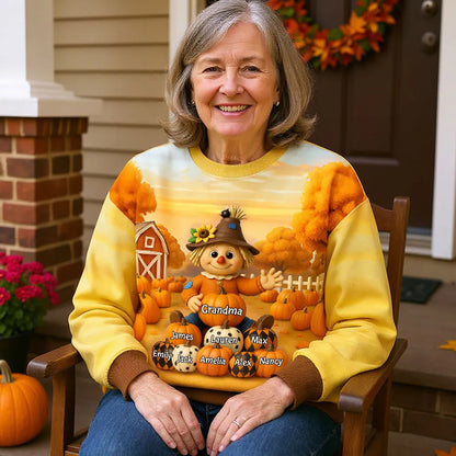 Fall Season Grandma Scarecrow Grandkids Pumpkins 3D Effect Personalized Sweatshirt
