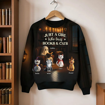 Just a Girl Who Loves Books and Cats Halloween Personalized Sweatshirt, Cozy Fall Sweatshirt for Cat Moms