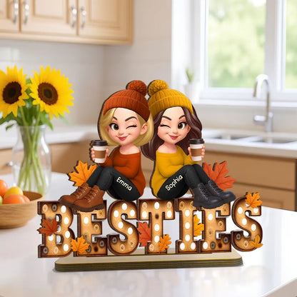 Fall Besties Sitting On Text Marquee Effect Personalized Standing Wooden Plaque, Meaningful Gift For Best Friends