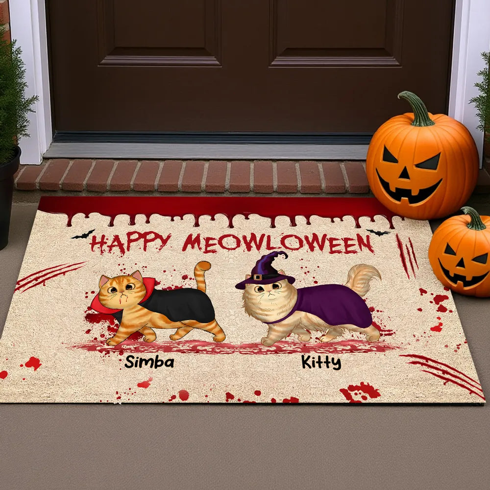 Happy Meowloween Spooky Walking Cat Personalized Doormat, Halloween Decor