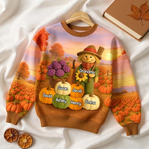 Fall Scarecrow Grandma with Pumpkins Grandkids Names 3D Effect Personalized Sweatshirt