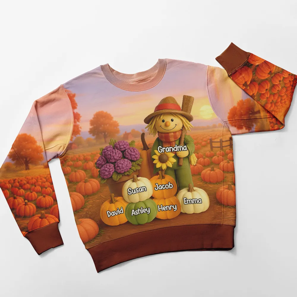 Fall Scarecrow Grandma with Pumpkins Grandkids Names 3D Effect Personalized Sweatshirt