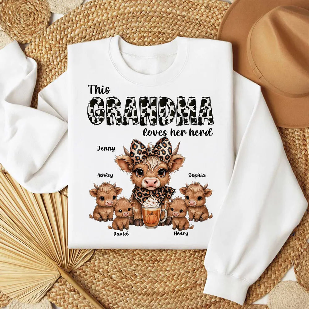 This Mama Grandma Loves Her Herds – Cozy Fall Vibe Personalized Highland Cow Family Sweatshirt