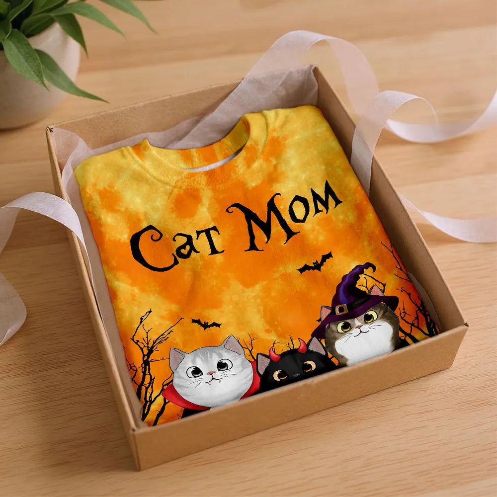 Cat Mom Halloween Moon Light Bat Tree Personalized Shirt, Purrfect Costume for Cat Lover