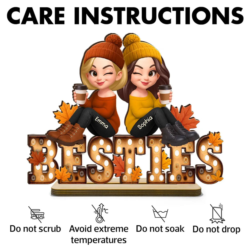 Fall Besties Sitting On Text Marquee Effect Personalized Standing Wooden Plaque, Meaningful Gift For Best Friends