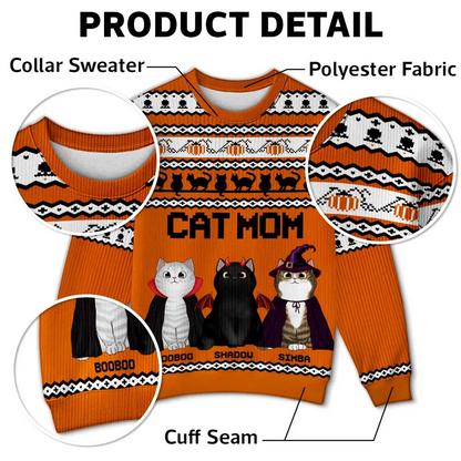Halloween Fall Vibe Cat Mom Pattern Personalized Faux Knitting Sweater