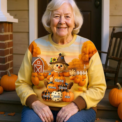 Fall Season Grandma Scarecrow Grandkids Pumpkins 3D Effect Personalized Sweatshirt