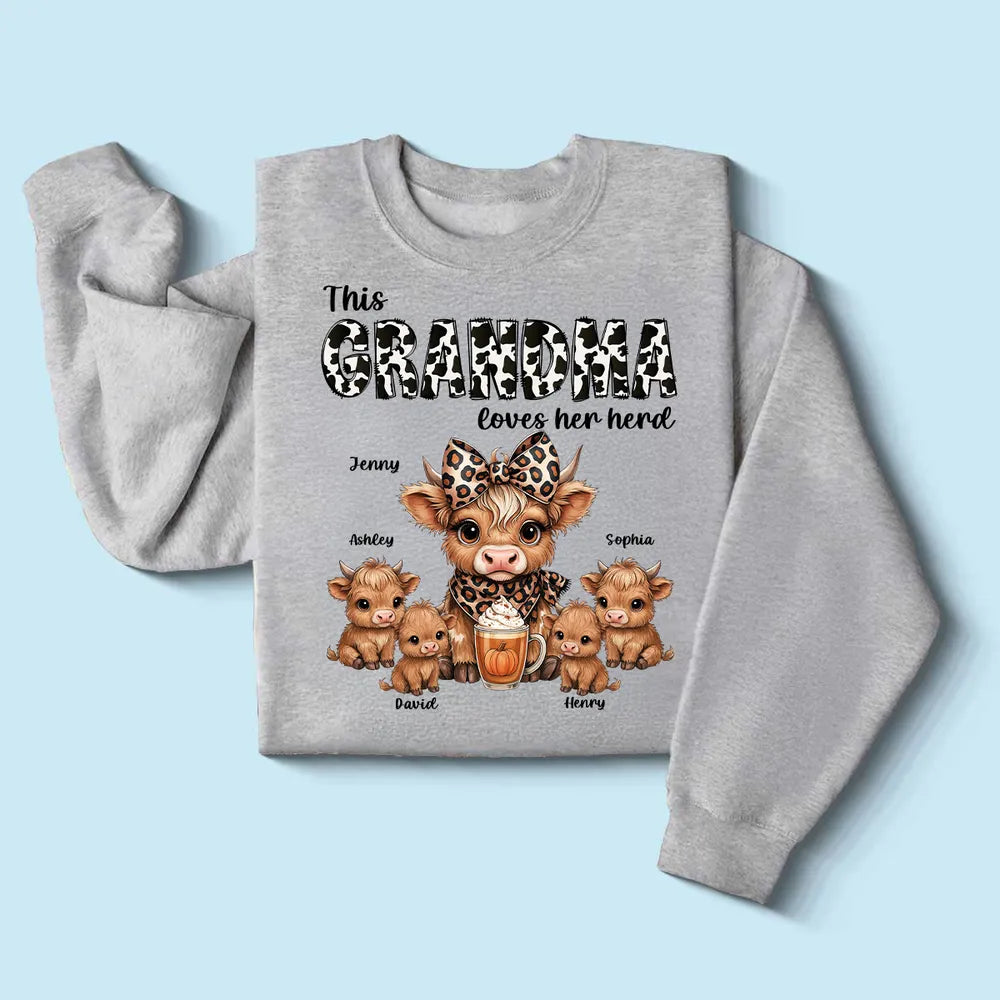 This Mama Grandma Loves Her Herds – Cozy Fall Vibe Personalized Highland Cow Family Sweatshirt