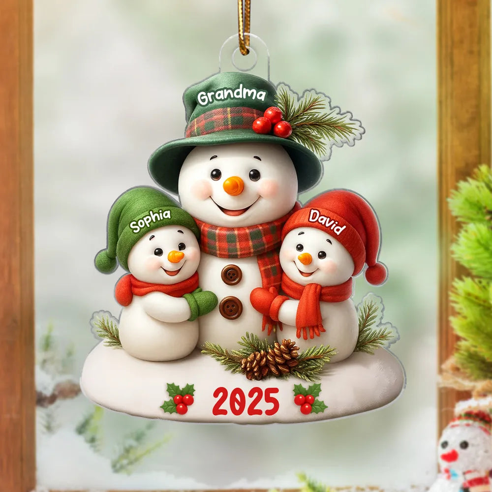 Snowman Grandma Hugging Grandkids Personalized Acrylic Ornament, Christmas Gift for Grandma, Grandkids