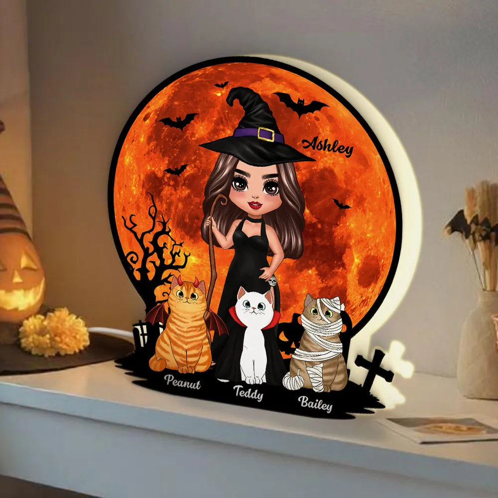Witch Cat Mom Under Halloween Moon Tabletop Tier Tray Decor Personalized Light Box, Halloween Decor For Cat Lovers