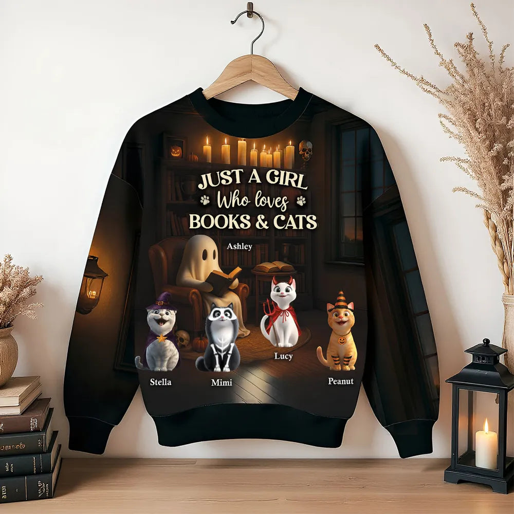 Just a Girl Who Loves Books and Cats Halloween Personalized Sweatshirt, Cozy Fall Sweatshirt for Cat Moms