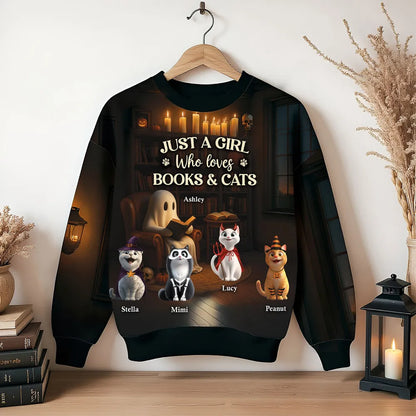 Just a Girl Who Loves Books and Cats Halloween Personalized Sweatshirt, Cozy Fall Sweatshirt for Cat Moms