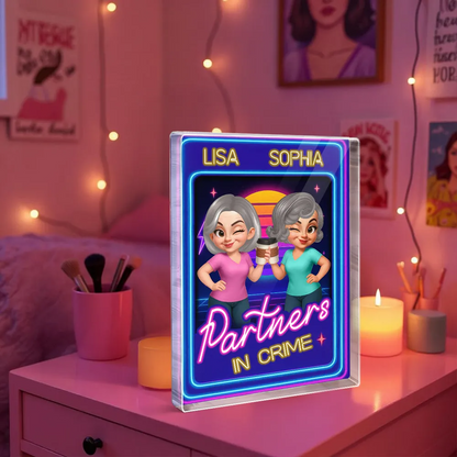 Besties Sisters Retro Rewind Neon Toy Box 3D Effect Personalized Acrylic Block