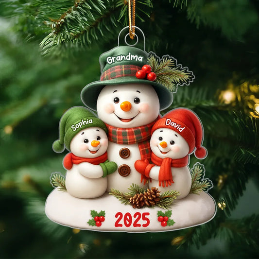 Snowman Grandma Hugging Grandkids Personalized Acrylic Ornament, Christmas Gift for Grandma, Grandkids