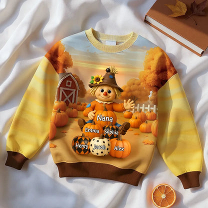 Fall Season Grandma Scarecrow Grandkids Pumpkins 3D Effect Personalized Sweatshirt