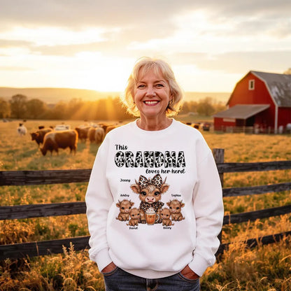 This Mama Grandma Loves Her Herds – Cozy Fall Vibe Personalized Highland Cow Family Sweatshirt