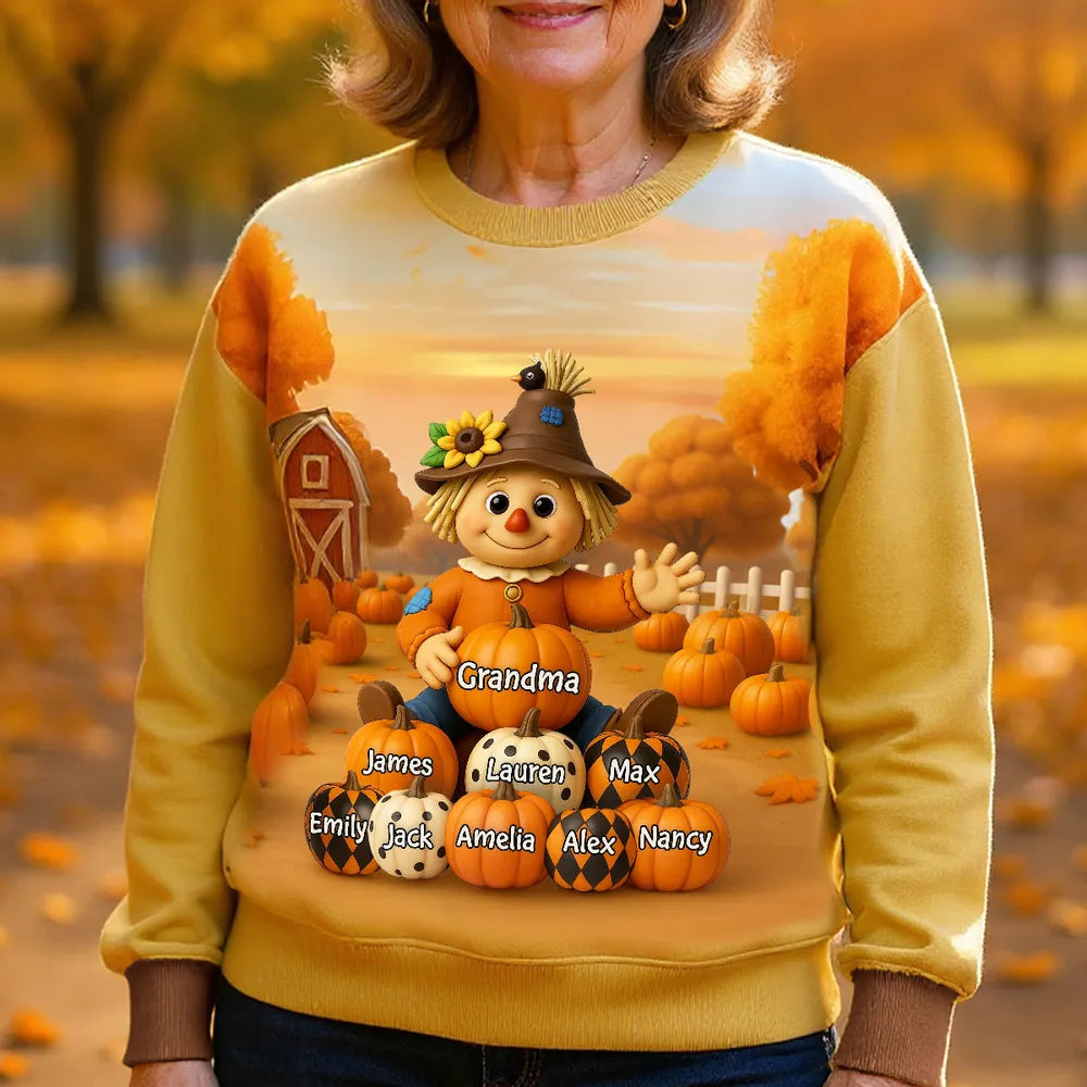 Fall Season Grandma Scarecrow Grandkids Pumpkins 3D Effect Personalized Sweatshirt