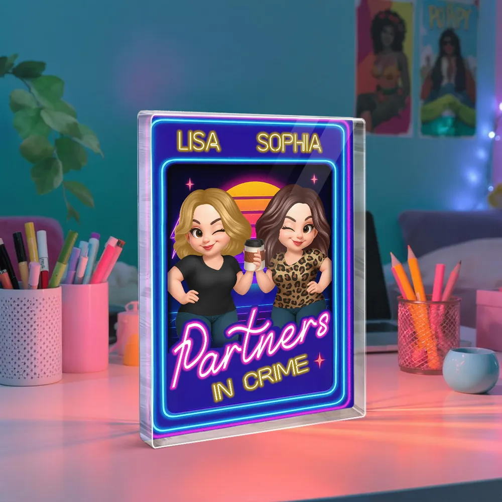 Besties Sisters Retro Rewind Neon Toy Box 3D Effect Personalized Acrylic Block