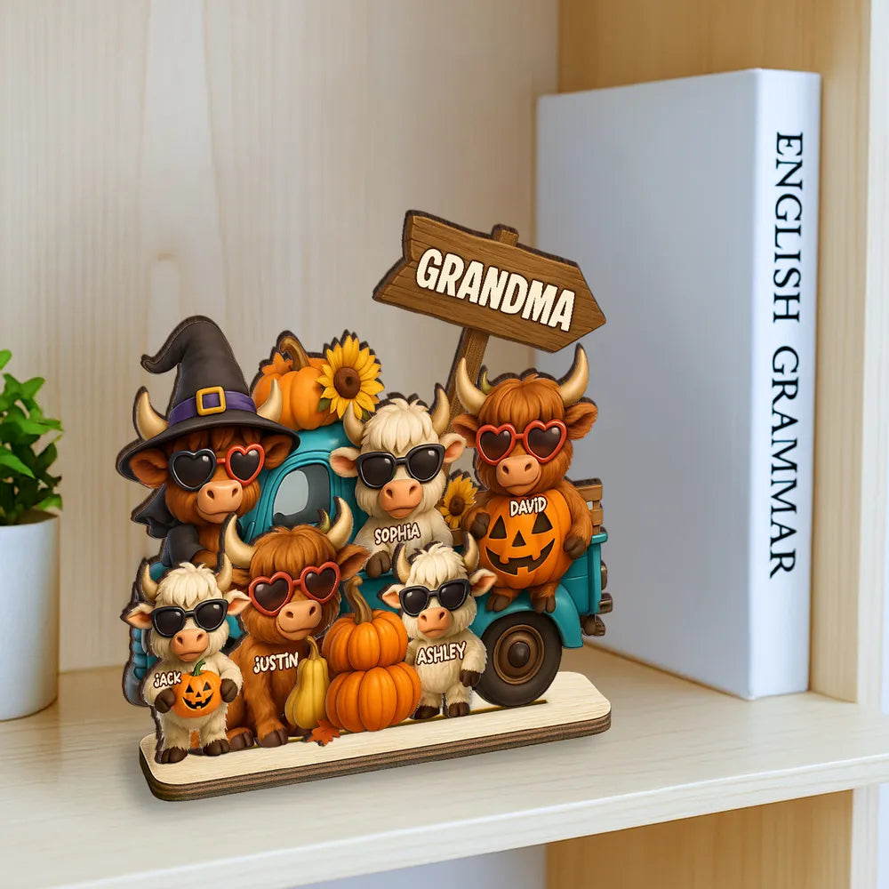 Mom Grandma Highland Cow on Truck Personalized Standing Wooden Plaque, Cozy Fall Vibe Halloween Decor for Mom, Grandma