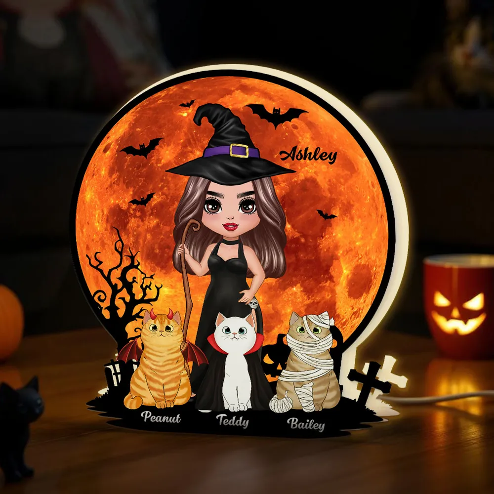 Witch Cat Mom Under Halloween Moon Tabletop Tier Tray Decor Personalized Light Box, Halloween Decor For Cat Lovers