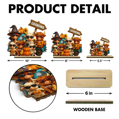 Mom Grandma Highland Cow on Truck Personalized Standing Wooden Plaque, Cozy Fall Vibe Halloween Decor for Mom, Grandma