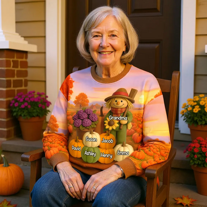Fall Scarecrow Grandma with Pumpkins Grandkids Names 3D Effect Personalized Sweatshirt