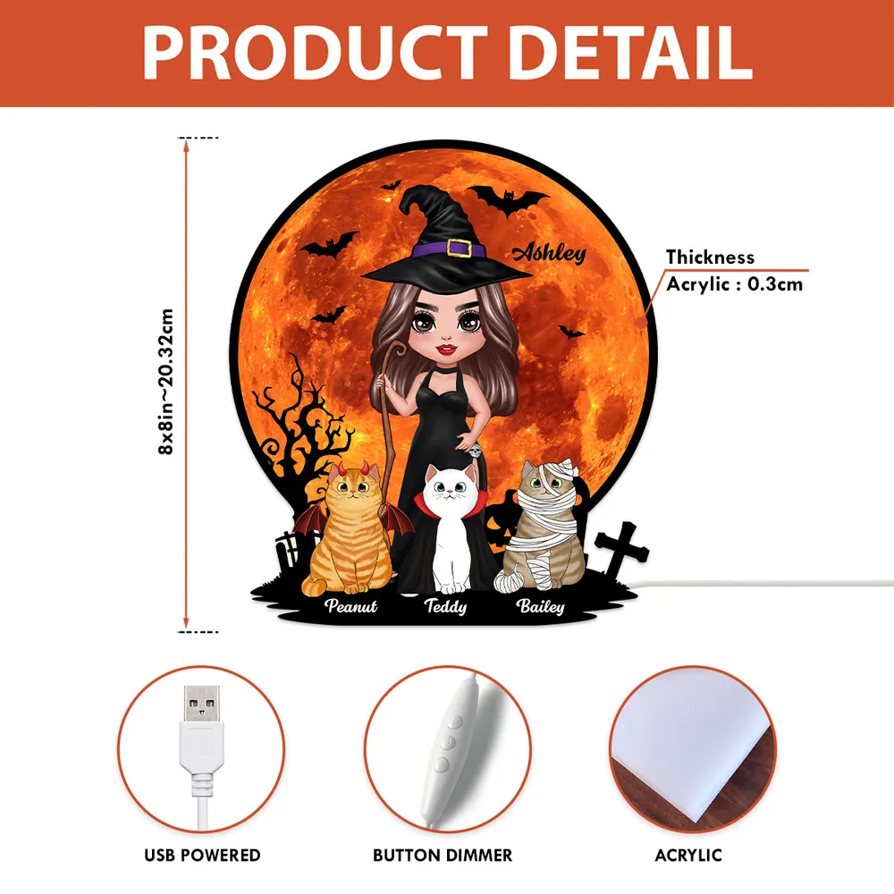 Witch Cat Mom Under Halloween Moon Tabletop Tier Tray Decor Personalized Light Box, Halloween Decor For Cat Lovers
