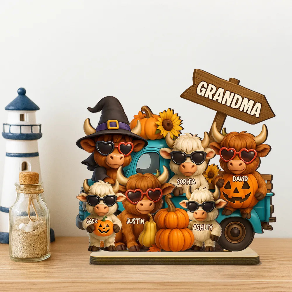 Mom Grandma Highland Cow on Truck Personalized Standing Wooden Plaque, Cozy Fall Vibe Halloween Decor for Mom, Grandma