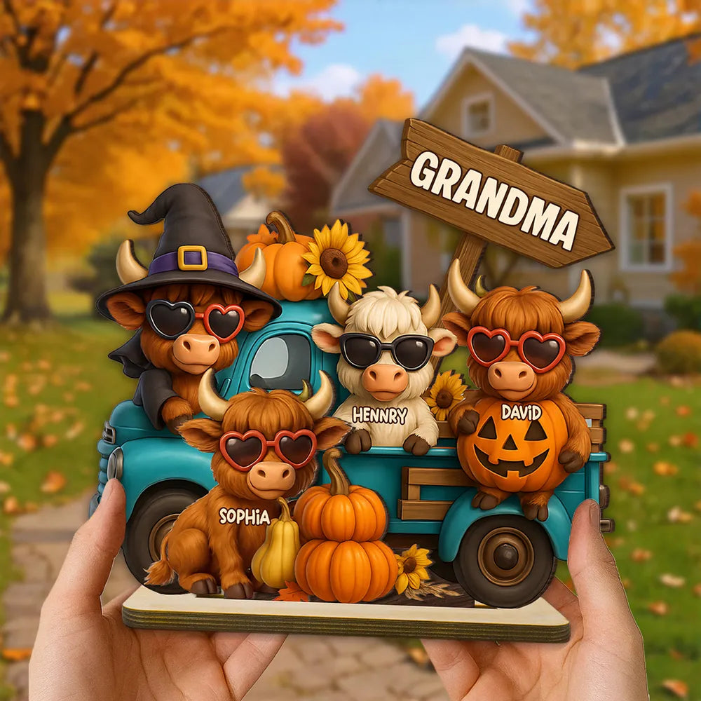 Mom Grandma Highland Cow on Truck Personalized Standing Wooden Plaque, Cozy Fall Vibe Halloween Decor for Mom, Grandma