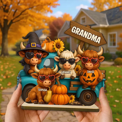 Mom Grandma Highland Cow on Truck Personalized Standing Wooden Plaque, Cozy Fall Vibe Halloween Decor for Mom, Grandma