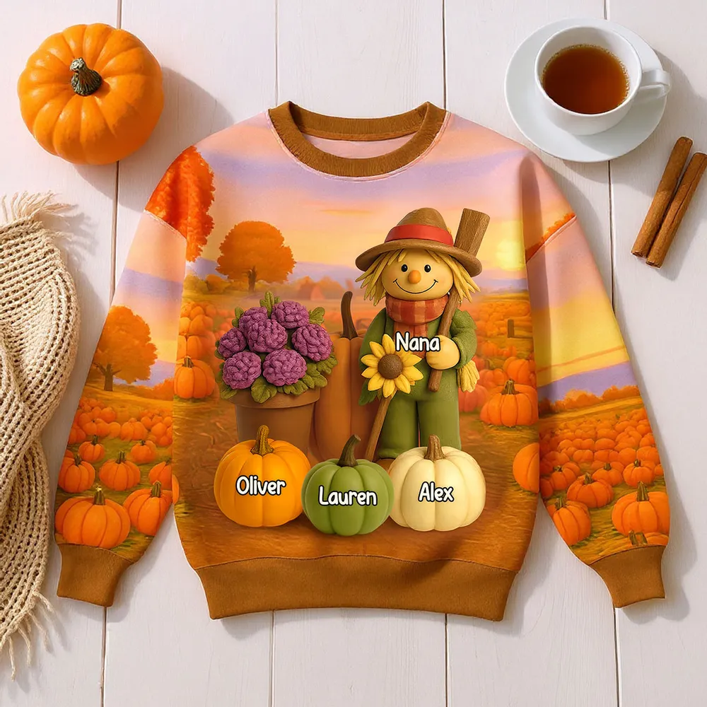 Fall Scarecrow Grandma with Pumpkins Grandkids Names 3D Effect Personalized Sweatshirt