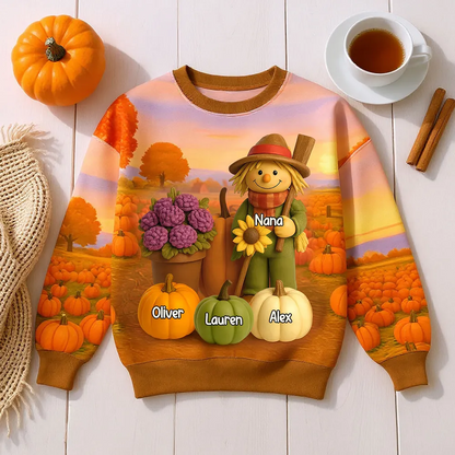 Fall Scarecrow Grandma with Pumpkins Grandkids Names 3D Effect Personalized Sweatshirt
