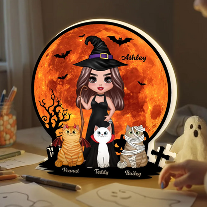 Witch Cat Mom Under Halloween Moon Tabletop Tier Tray Decor Personalized Light Box, Halloween Decor For Cat Lovers