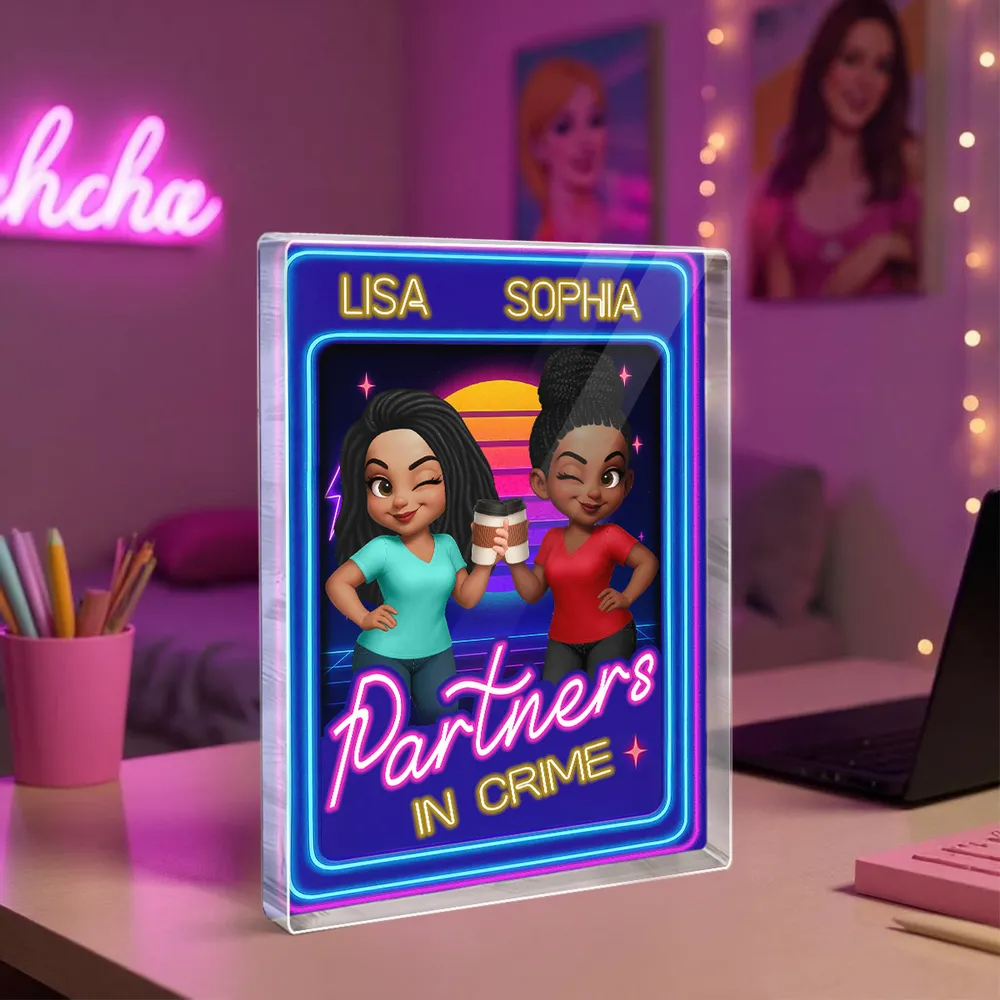 Besties Sisters Retro Rewind Neon Toy Box 3D Effect Personalized Acrylic Block