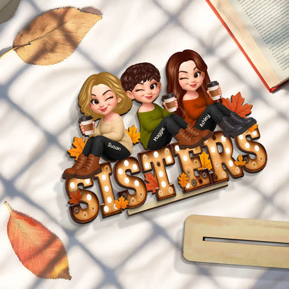 Fall Besties Sitting On Text Marquee Effect Personalized Standing Wooden Plaque, Meaningful Gift For Best Friends