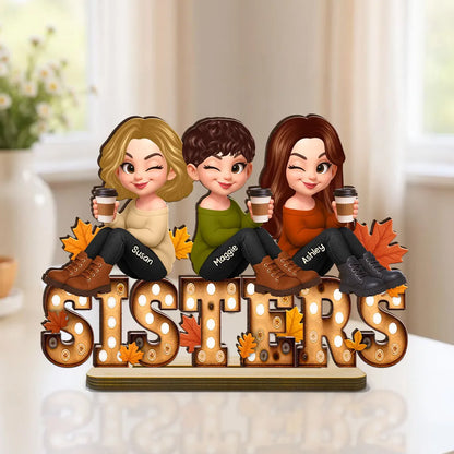 Fall Besties Sitting On Text Marquee Effect Personalized Standing Wooden Plaque, Meaningful Gift For Best Friends