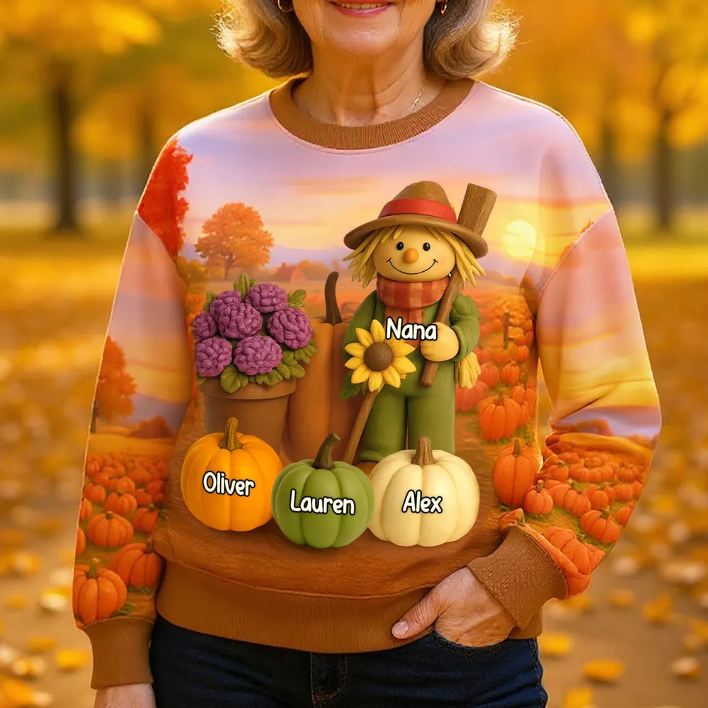 Fall Scarecrow Grandma with Pumpkins Grandkids Names 3D Effect Personalized Sweatshirt