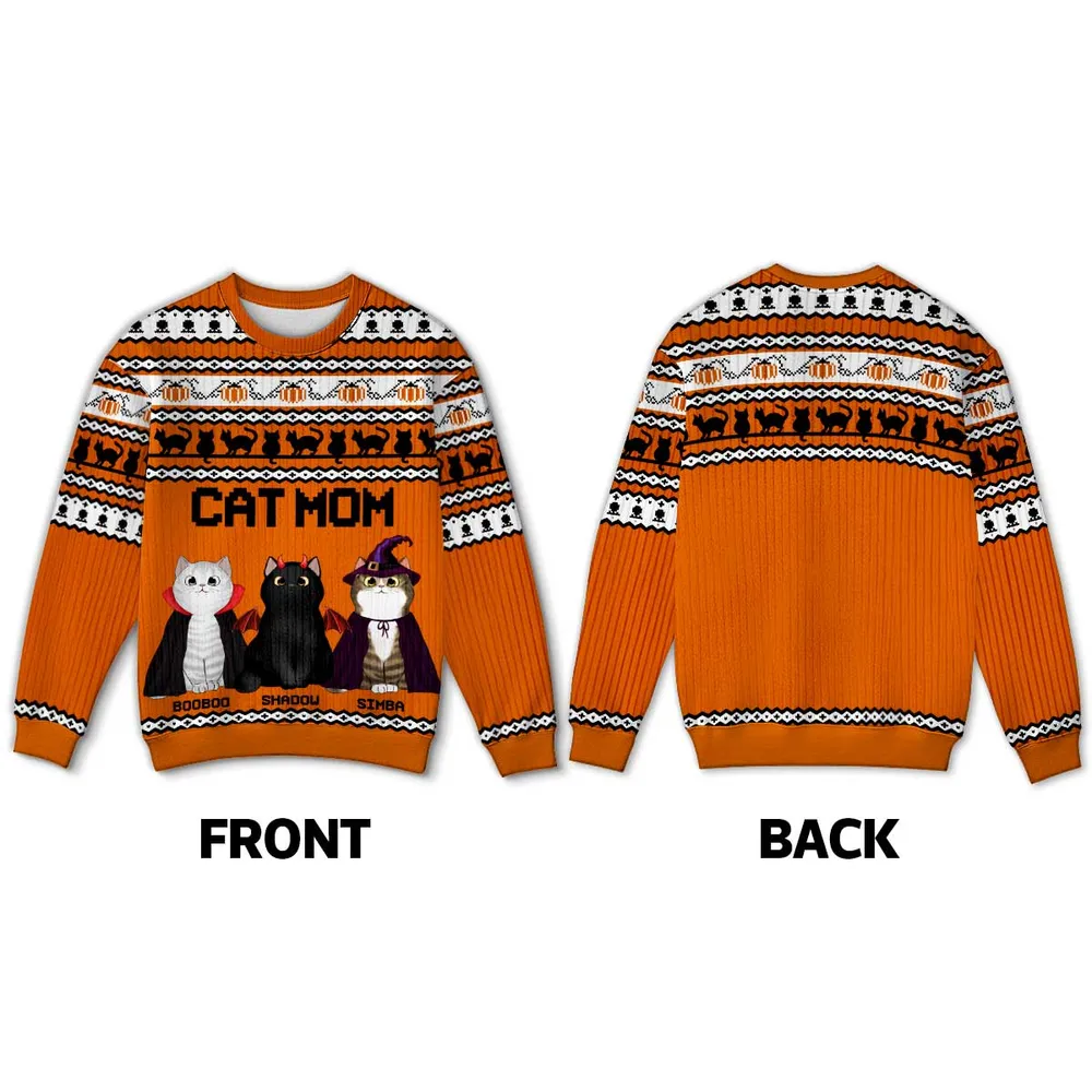 Halloween Fall Vibe Cat Mom Pattern Personalized Faux Knitting Sweater