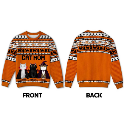 Halloween Fall Vibe Cat Mom Pattern Personalized Faux Knitting Sweater