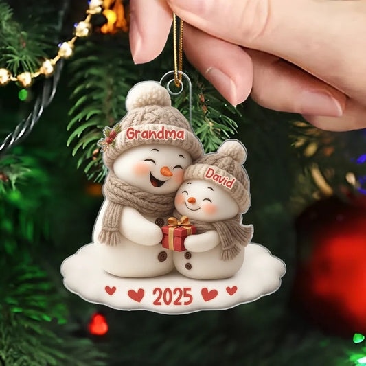 Snowman Grandma Hugging Grandkid Personalized Acrylic Ornament
