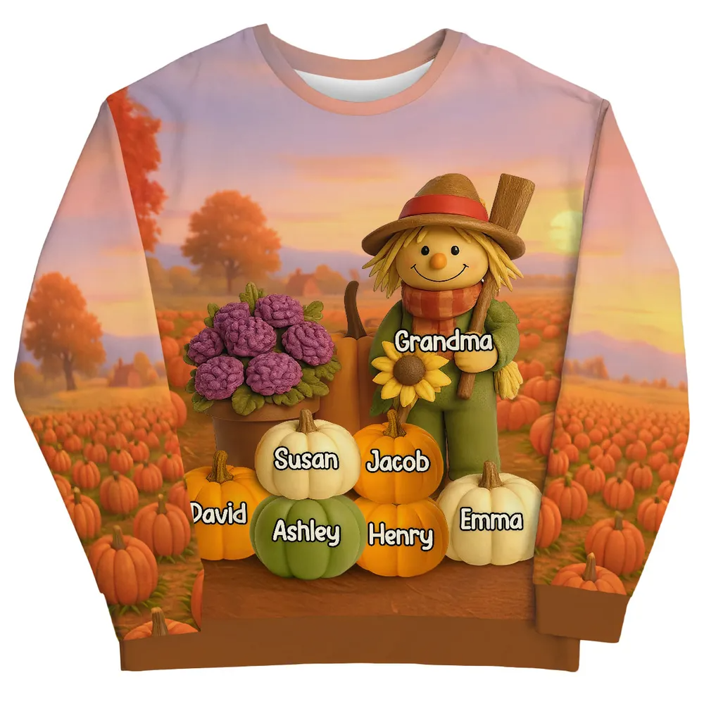 Fall Scarecrow Grandma with Pumpkins Grandkids Names 3D Effect Personalized Sweatshirt