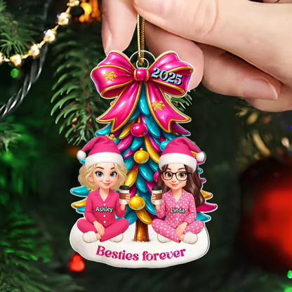 Besties Sitting Under Pink Christmas Tree Personalized Acrylic Ornament, Christmas Gift for Best Friends, Sisters