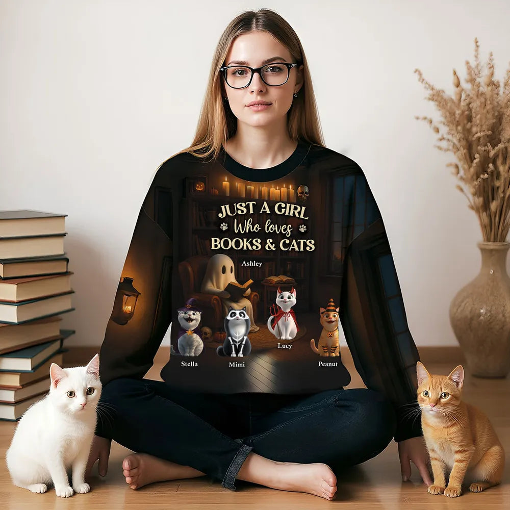 Just a Girl Who Loves Books and Cats Halloween Personalized Sweatshirt, Cozy Fall Sweatshirt for Cat Moms