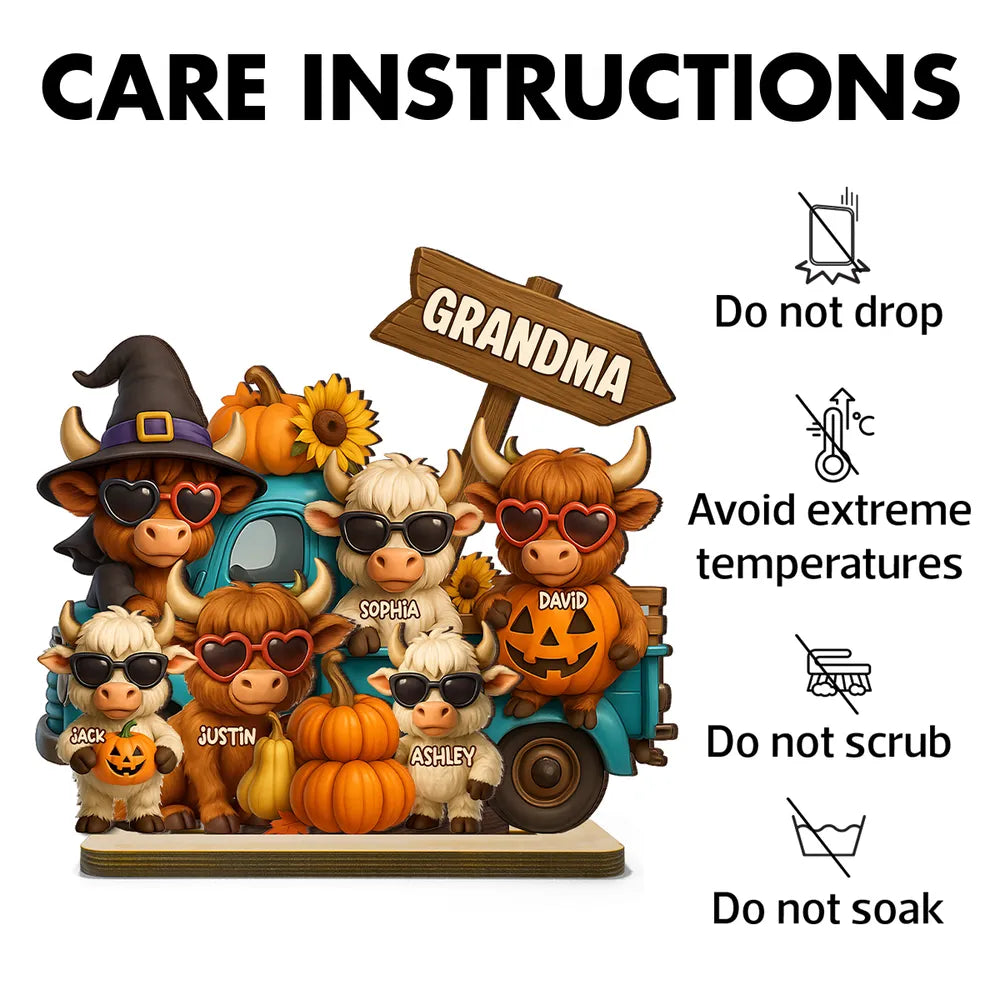 Mom Grandma Highland Cow on Truck Personalized Standing Wooden Plaque, Cozy Fall Vibe Halloween Decor for Mom, Grandma